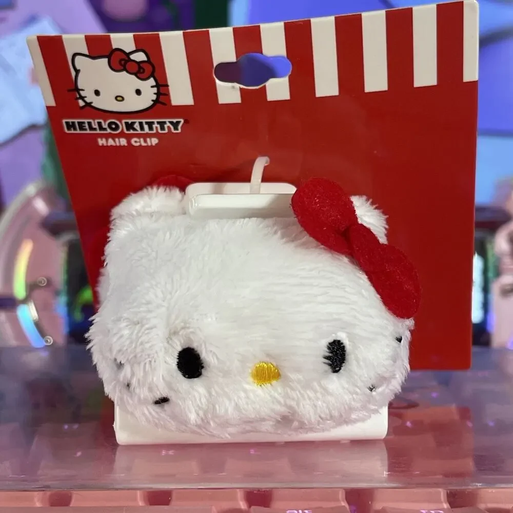 Hello Kitty Hair Claw Clip Soft Fuzzy Furry Plush White 3D  Red Bow 2024 Sanrio